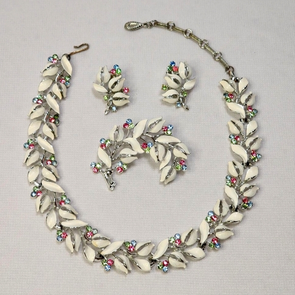 Jewelry - Vintage Lisner White Tulip and Multicolor Rhinestone Jewelry Set